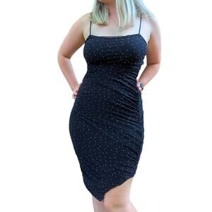 Black Mesh Studded Bodycon Midi Dress Womens Small Square Neck Ruched Night Out